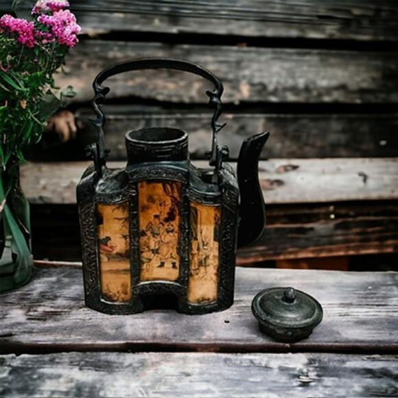 Antique Chinese Shantou Teapot & Tea Caddy-Lithograph Glass Panels-Metal-Asian - Picture 7 of 14